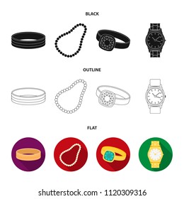 Engagement ring, beads from pearls, men ring, wristwatch gold. Jewelery and accessories set collection icons in black,flat,outline style vector symbol stock illustration web.