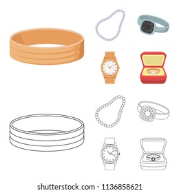 Engagement ring, beads from pearls, men ring, wristwatch gold. Jewelery and accessories set collection icons in cartoon,outline style vector symbol stock illustration web.