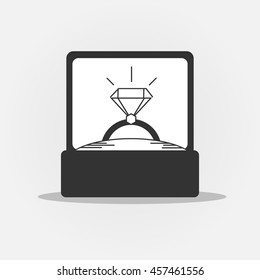 Engagement ring black and white icon. Wedding ring with diamond in box vector illustration