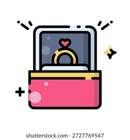 Icono de la caja del anillo de compromiso con la ilustración del arte de la línea plana de la joyería del diamante