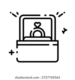 Anillo de compromiso en icono de caja Ilustración de arte de línea de joyería de diamantes en forma de corazón