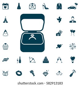 Engagement ring in box icon, wedding set on white background. Vector illustration