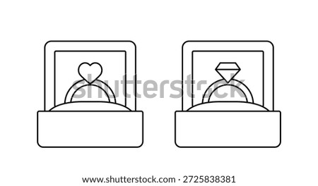 The engagement ring box is open outline set.
Heart-shaped and diamond-shaped rings. 
Coloring pages and templates.