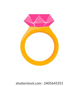 Anillo de compromiso con diamante rosa brillante. Me encanta la confesión y la propuesta regalo para el día de San Valentín. Ilustración de dibujos animados sobre fondo blanco