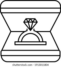 Concepto de anillo de compromiso, anillo de diamantes con línea de vectores de caja abierta Diseño de iconos, símbolo de amor y romance en fondo blanco, signo de San Valentín,