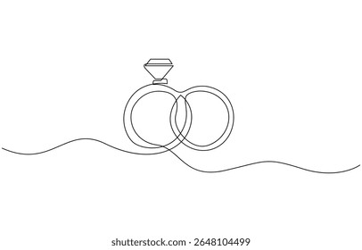 Engagement ring continuous line drawing illustration. One line art of love, Black isolated on white background. Hand drawn vector illustration, Wedding ring line art style vector illustration.