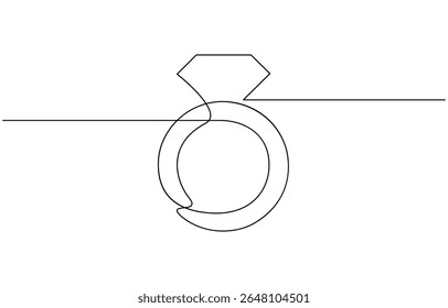 Engagement ring continuous line drawing illustration. One line art of love, Black isolated on white background. Hand drawn vector illustration, Wedding ring line art style vector illustration.