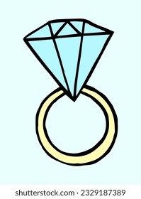 Engagement ring with diamond doodle style. Hand drawn vector color isolated illustration.