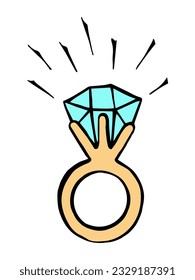 Engagement ring with diamond doodle style. Hand drawn vector color isolated illustration.