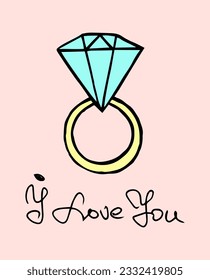 Engagement ring with diamond doodle style. Hand drawn vector color isolated illustration.