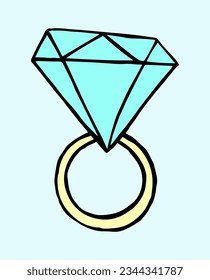 Anillo de compromiso con el estilo del doodle de diamante. Ilustración aislada de color vectorial dibujado a mano.