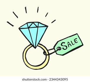 Verlobungsring mit Diamantdoodle-Stil. Handgezeichnete Vektorfarbe, einzelne Illustration.
