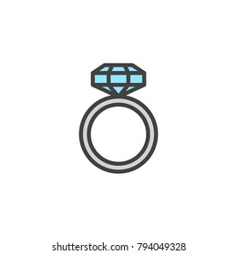 Engagement ring with diamond filled outline icon, line vector sign, linear colorful pictogram isolated on white. Symbol, logo illustration. Pixel perfect vector graphics