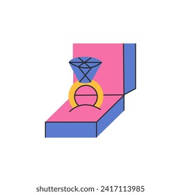 Engagement ring with diamond in gift box. Wedding ring in a flat style. Love, proposal, valentine's day concept. Isolated vector illustration. Good for stickers, cards design, tags, clipart. Groovy