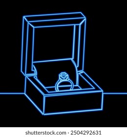 Engagement ring with diamond in gift box. Line art wedding ring. Love, proposal, wedding, valentine's day icon neon glow vector illustration concept