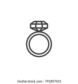 Engagement ring with diamond line icon, outline vector sign, linear style pictogram isolated on white. Jewelry symbol, logo illustration. Editable stroke