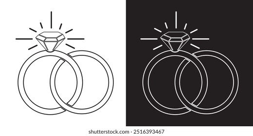 Engagement ring. Diamond engagement ring. Wedding ring symbol line art. Wedding rings with diamond. Wedding ring line art vector illustration on white, black background. Vector illustration.