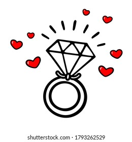 Ilustración vectorial del doodle de anillo de compromiso. El amor y el tema de la boda. Día de San Valentín e Icono de la fiesta de la gallina. Para web, camisetas, tarjetas de felicitación, banner y decoración. Dijo "¡Sí!"