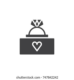 Engagement ring with gemstone and heart icon vector, filled flat sign, solid pictogram isolated on white. Love and valentine's day symbol, logo illustration.