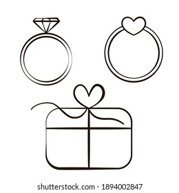 Anillo de compromiso, caja de regalo. Elementos decorativos del doodle de San Valentín. La mano de boda dibuja elementos sobre fondo blanco. Iconos de amor. Ilustración de vector de contorno en estilo de esbozo. 
