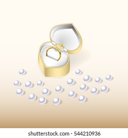 Engagement ring in a  gold box and pearls. Wedding. Valentine's Day.