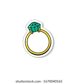 Anillo de compromiso con diamante esmeralda verde - pegatina aislada de doodle aislado sobre fondo blanco. Dibujo de caricaturas de joyas de boda, ilustración plana vectorial.