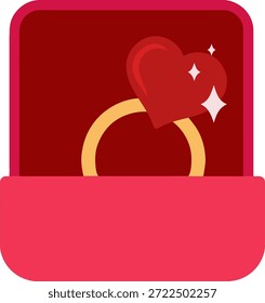“Anillo de compromiso brillante con corazón en caja, Ilustración vectorial plana”