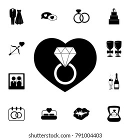 engagement ring in the heart icon. Set of wedding elements icon. Photo camera quality graphic design collection icons for websites, web design, mobile app on white background
