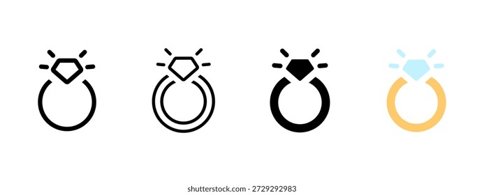 Engagement ring icon set with diamond for wedding, proposal and marriage concepts. Jewelry symbol in outline, solid and color styles, perfect for Valentine’s Day, romance and love designs.