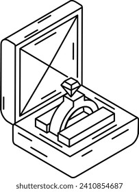 Concepto isométrico del anillo de compromiso, Anillo de diamante con diseño de icono del vector de caja abierta, símbolo de aplastamiento de obsesión, emociones y sensaciones Firma,