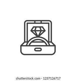 Engagement ring in a jewelry box outline icon. linear style sign for mobile concept and web design. Proposal diamond ring in box simple line vector icon. Symbol logo illustration. Pixel perfect vector