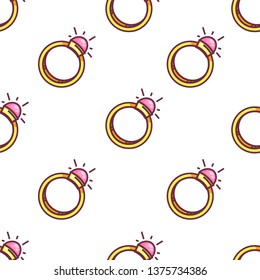 Engagement ring jewelry seamless pattern gold accessory vector proposal and wedding gemstone or precious stone endless texture pink diamond or brilliant bridal gift or present wallpaper print