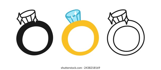 Engagement ring line icon, cartoon symbol set. Marriage concept Wedding invitation sign for infographic, website, app or logo. Simple ring for congratulations poster, anniversary celebration Vector