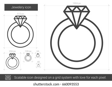 Engagement ring line icon isolated on white background. Proposal jewelry icon for infographic, website or app. Scalable icon designed on a grid system.