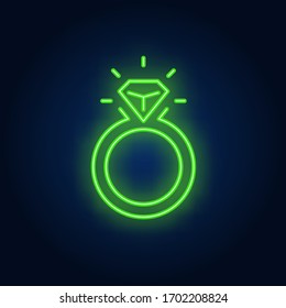 Engagement ring neon sign. Jewel with diamond on brick wall background. Vector illustration in neon style for topics like jewelry, present, gift