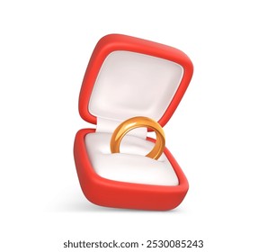 Engagement ring in open box. Wedding gold ring in red case. Accessory for marriage proposal. Vector illustration