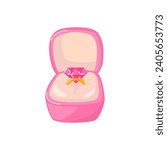Engagement ring with pink diamond in Jewelry Box. Love confession and Proposal gift for Valentine's day.  Detailed cartoon element illustration