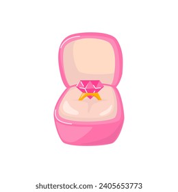 Engagement ring with pink diamond in Jewelry Box. Love confession and Proposal gift for Valentine's day.  Detailed cartoon element illustration