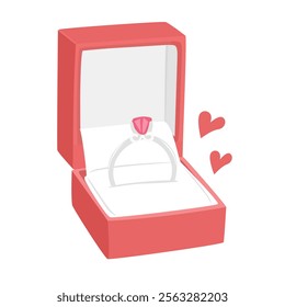 Engagement ring with precious gem stone in open box. Engagement ring, wedding ring in jewelry box. Perfect for romantic marriage proposal, wedding. Love and valentine element in flat cartoon style.