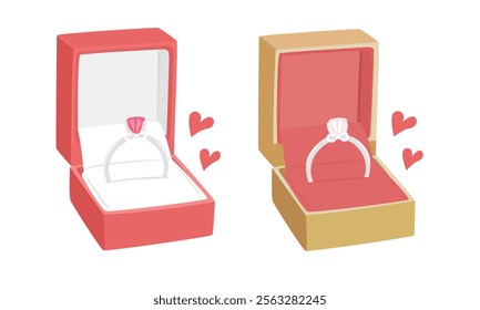 Engagement ring with precious gem stone in open box. Engagement ring, wedding ring in jewelry box. Perfect for romantic marriage proposal, wedding. Love and valentine element in flat cartoon style.