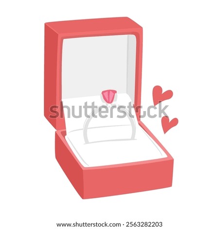 Engagement ring with precious gem stone in open box. Engagement ring, wedding ring in jewelry box. Perfect for romantic marriage proposal, wedding. Love and valentine element in flat cartoon style.