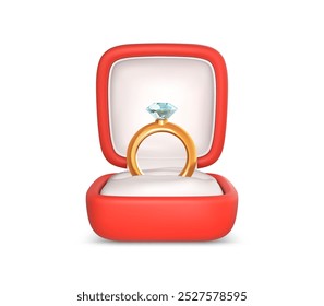 Anillo de compromiso con piedra preciosa en caja abierta. Anillo de oro Boda y diamante en caja roja. Accesorio para propuesta de matrimonio. Ilustración vectorial en estilo de dibujos animados