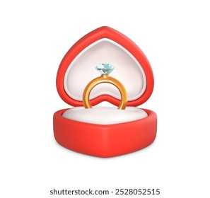 Anillo de compromiso con piedra preciosa en caja abierta. Anillo de oro Boda y diamante en caja roja. Accesorio para propuesta de matrimonio. Ilustración vectorial en estilo de dibujos animados