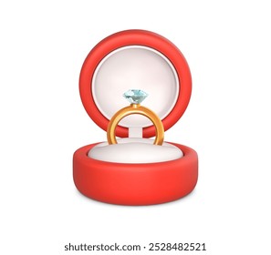 Anillo de compromiso con piedra preciosa en caja abierta. Anillo de oro Boda y diamante en caja roja. Accesorio para propuesta de matrimonio. Ilustración vectorial en estilo de dibujos animados