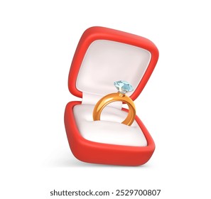 Engagement ring with precious stone in open box. Wedding gold ring and diamond in red case. Accessory for marriage proposal. Vector illustration