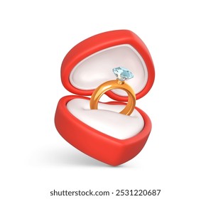 Engagement ring with precious stone in open box. Wedding gold ring and diamond in red case. Accessory for marriage proposal. Vector illustration