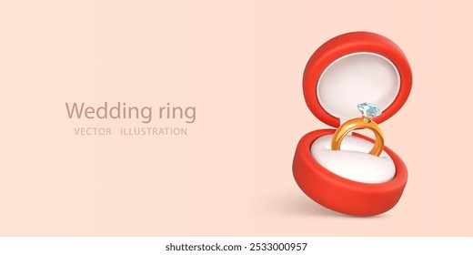 Anillo de compromiso con piedra preciosa en caja abierta. Accesorio para propuesta de matrimonio. Vector 3D ilustración