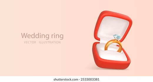 Anillo de compromiso con piedra preciosa en caja abierta. Accesorio para propuesta de matrimonio. Vector 3D ilustración