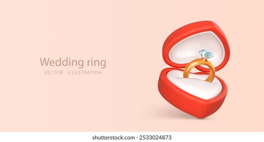 Anillo de compromiso con piedra preciosa en caja abierta. Accesorio para propuesta de matrimonio. Vector 3D ilustración