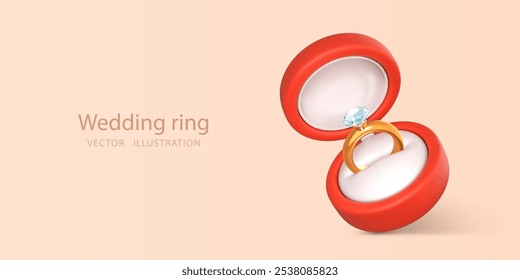 Anillo de compromiso con piedra preciosa en caja abierta. Accesorio para propuesta de matrimonio. Vector 3D ilustración